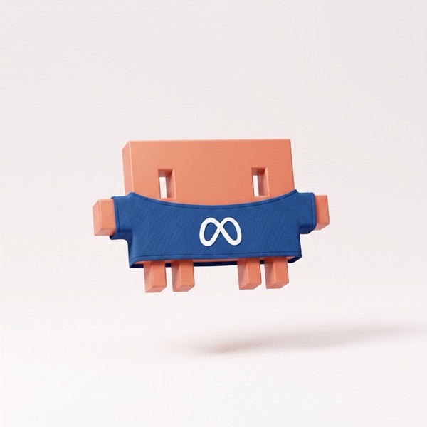 Ilustração 3D de um personagem vestindo o símbolo da Meta.