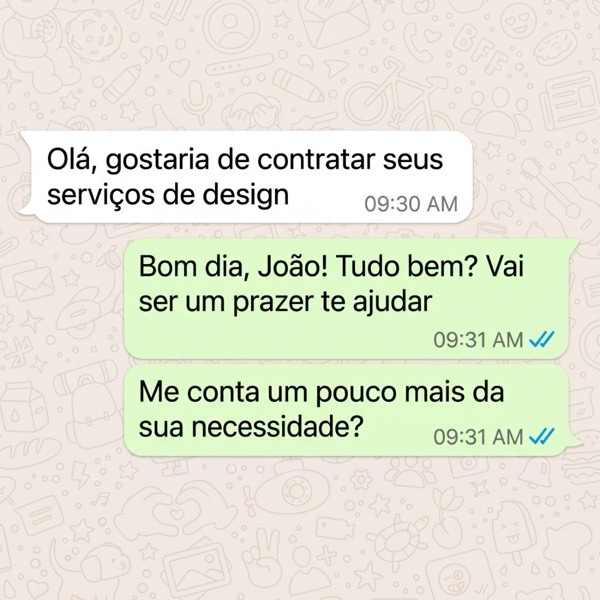 Conversa no WhatsApp: um cliente pede orçamento de design e recebe resposta imediata.