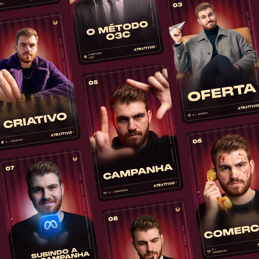 Mosaico de cards do método O3C: Oferta, Criativo, Campanha e Comercial.